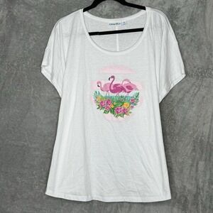 Kiwi Fresh 3X Top Shirt White Floral Flamingos Short Sleeve Scoop Neck Cotton